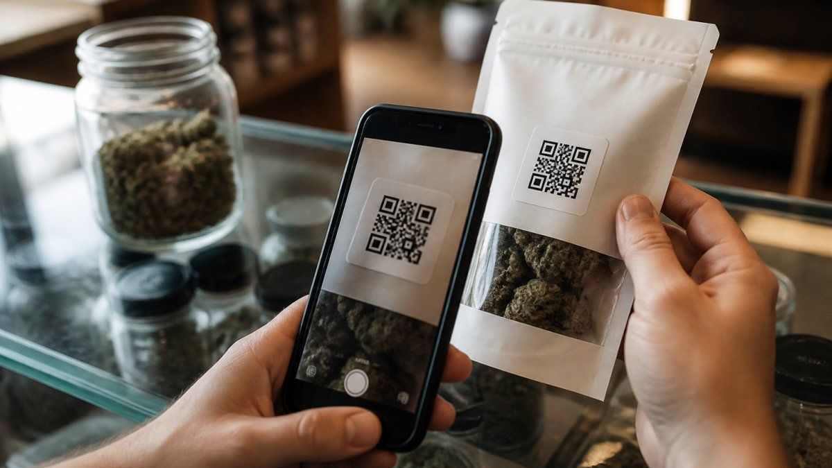 Close-up of a smartphone scanning a QR code on a THCA product label with a certificate of analysis displayed on the screen
