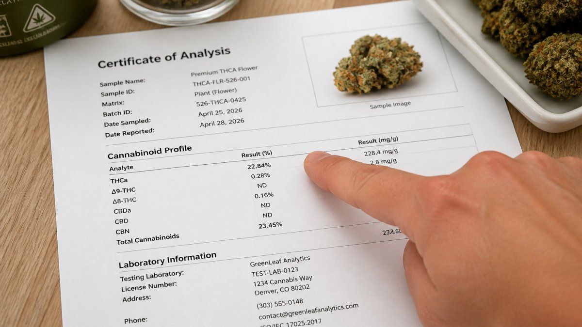 Hand pointing to lab results on a certificate of analysis to confirm hemp-derived THCA legal test percentages