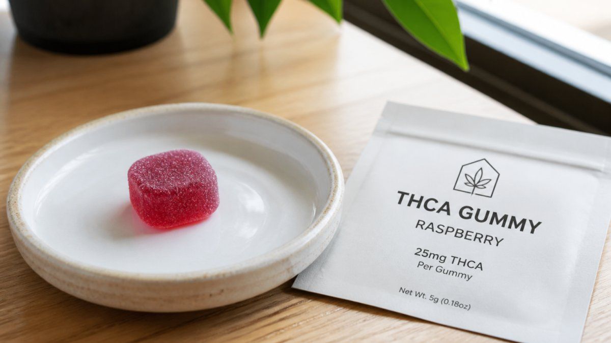 A single THCA gummy resting on a small ceramic plate beside a printed product label on a wooden table, soft daylight from a nearby window