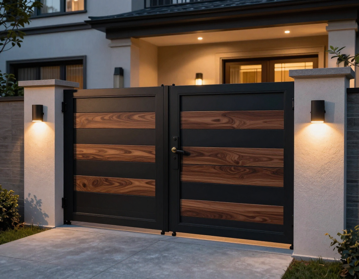 Moderna puerta de entrada negra con paneles de madera y pilares de piedra