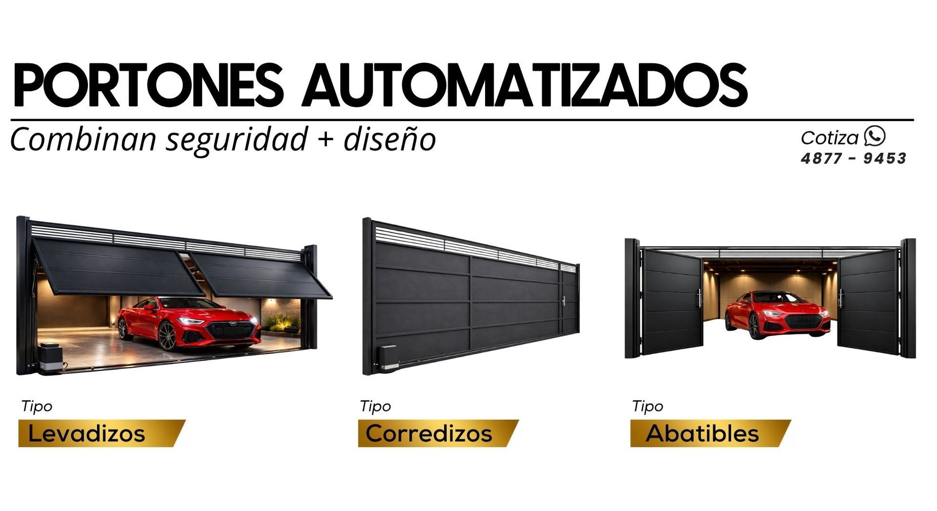 Banner promocional para puertas automáticas: levadizas, corredizas y abatibles, con imágenes de puertas negras