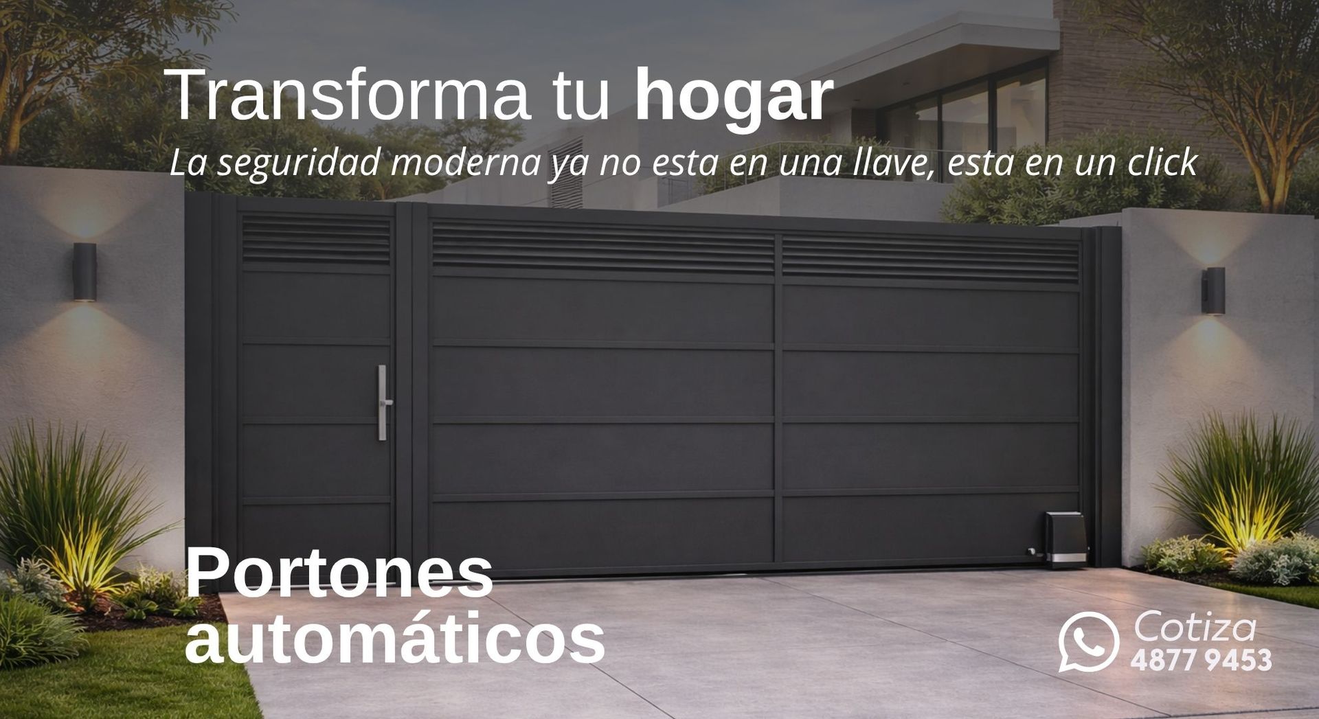 Portón automático gris oscuro en casa moderna con texto promocional “Transforma tu hogar”