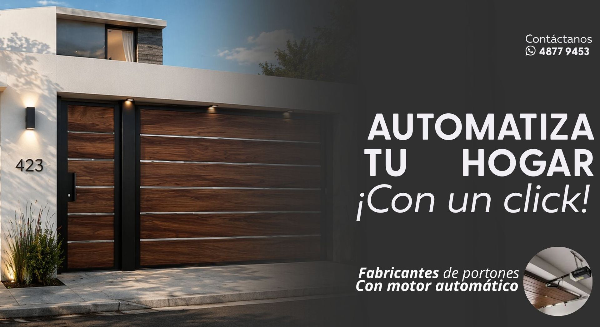 Casa moderna con portón de madera y texto publicitario: “Automatiza tu hogar con un click”