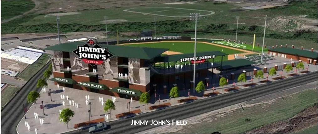 An aerial view of Jimmy John 's baseball Field