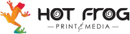 Hot Frog Print Media logo with a colorful leaping frog and black text on white background