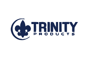 Trinity Products logo in navy blue with a fleur-de-lis icon on a white background