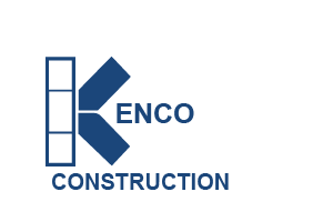 ENCO Construction logo in blue with stylized geometric “K” icon