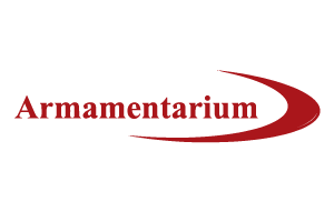 Armamentarium logo in red serif text with a red crescent swoosh on a white background