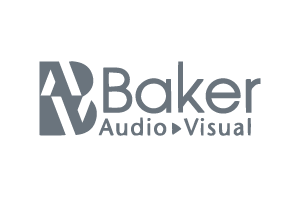 Baker Audio Visual logo in gray and blue on a white background