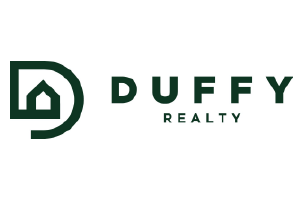 Duffy Realty logo with dark green house icon and text on white background