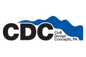 CDC Civil Design Concepts, PA logo with black letters and a blue wave graphic