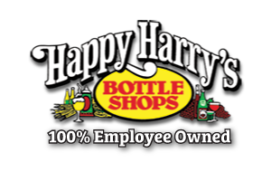 Happy Harry's Bottle Shops logo with yellow oval and “100% Employee Owned” text