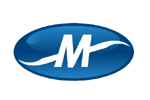 Blue oval logo with a white stylized M and wave line