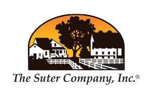 The Suter Company, Inc. logo with orange sunset, black farm silhouettes, and a white fence