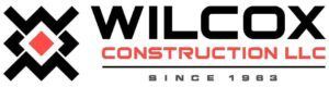 Wilcox Construction LLC logo with black and red text and geometric black emblem on white background
