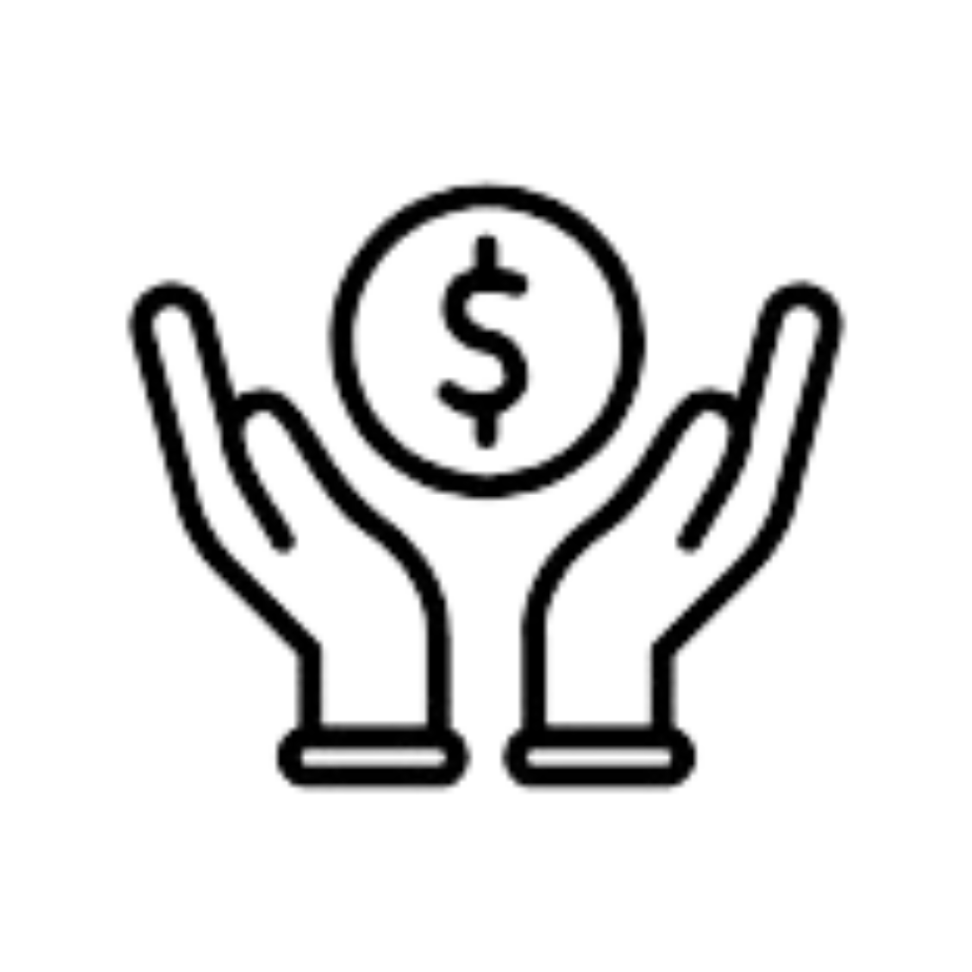 Hands holding a dollar coin icon in black outline