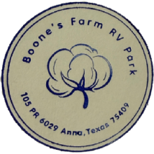 Round logo: "Boone's Farm RV Park," cotton boll illustration, address: 105 PR 6029 Anna, Texas 75409.