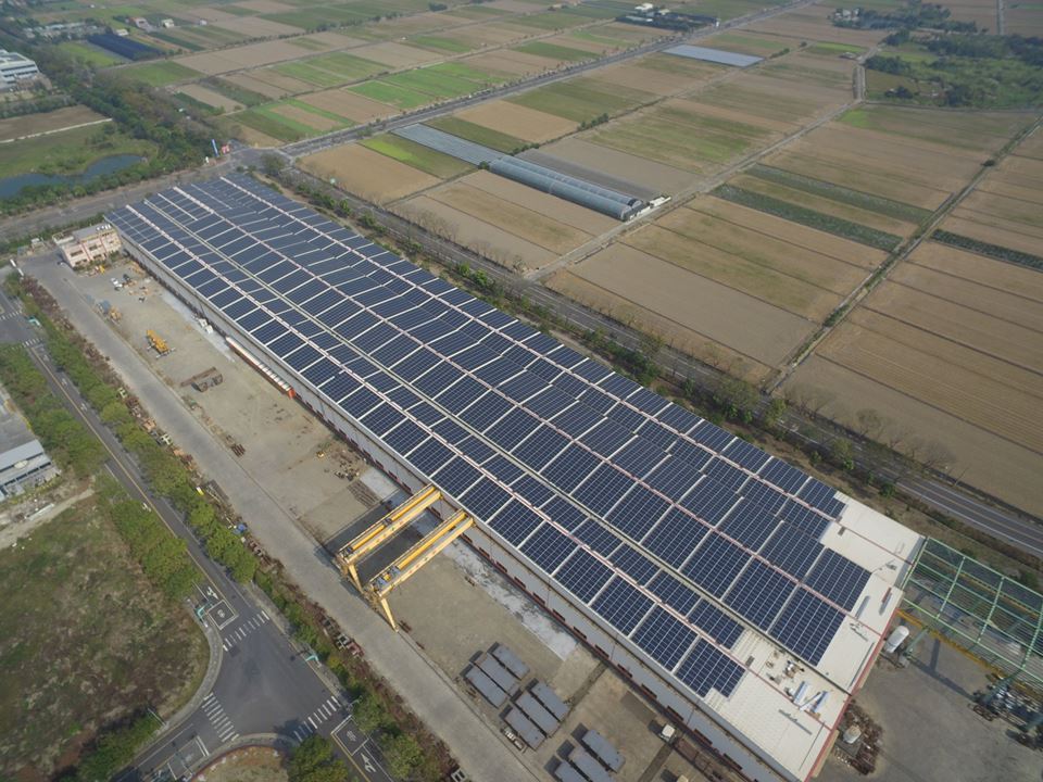 鳥瞰圖：一座屋頂裝有太陽能板的大型建築，周圍環繞著農田。