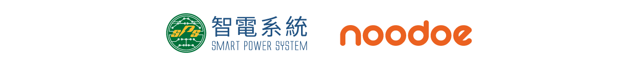 標誌由綠色和黃色圓形圖案以及橙色的“noodee”字樣組成。
