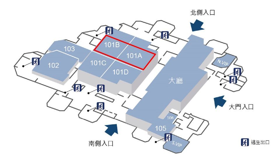 平面圖,標示101A、101B會議廳以及入口位置。