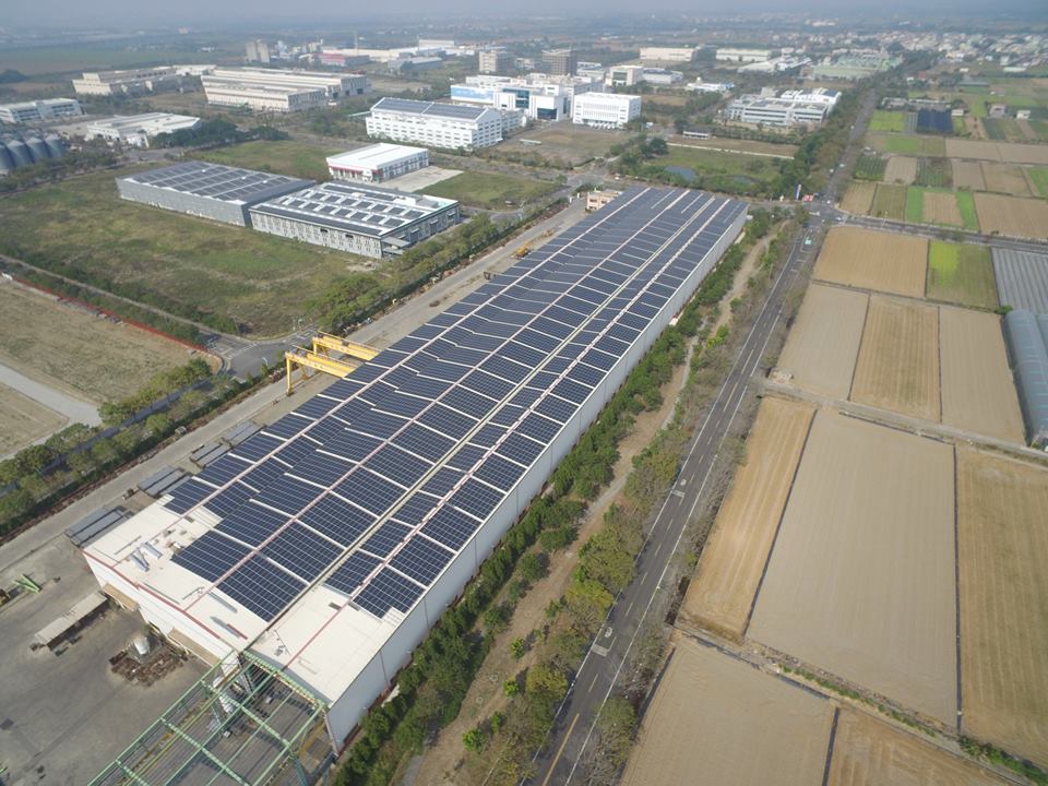 從空中俯瞰一座倉庫，其屋頂裝有大型太陽能電池板陣列，周圍環繞著田野和建築物。