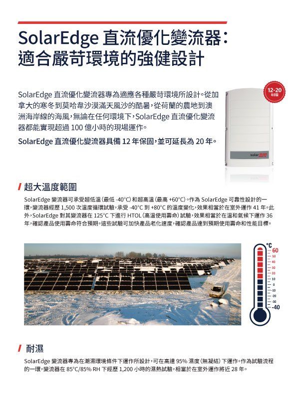 SolarEdge 逆變器資訊:文字、產品照片和雪中的太陽能板,強調其在惡劣環境下的堅固設計。