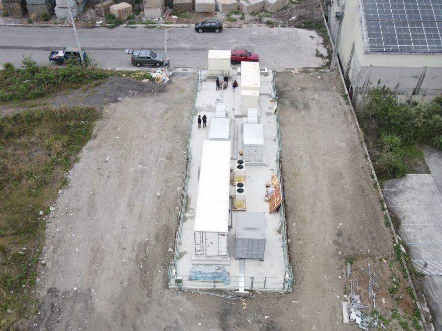 從空中俯瞰一座矩形變電站，裡面有多個貨櫃和兩個人，位於道路附近的一片礫石地上。