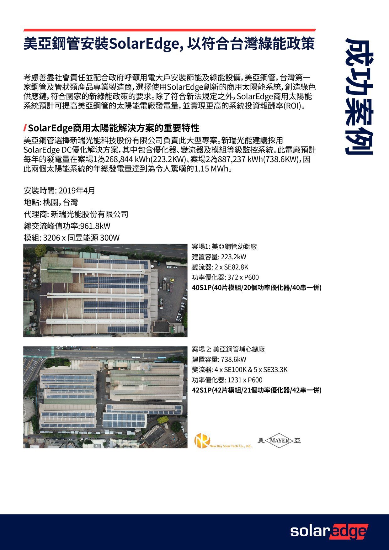 一份中文文件，內容為“SolarEdge”，並附有裝有太陽能電池板的建築物照片，可能與台灣的相關法規有關。