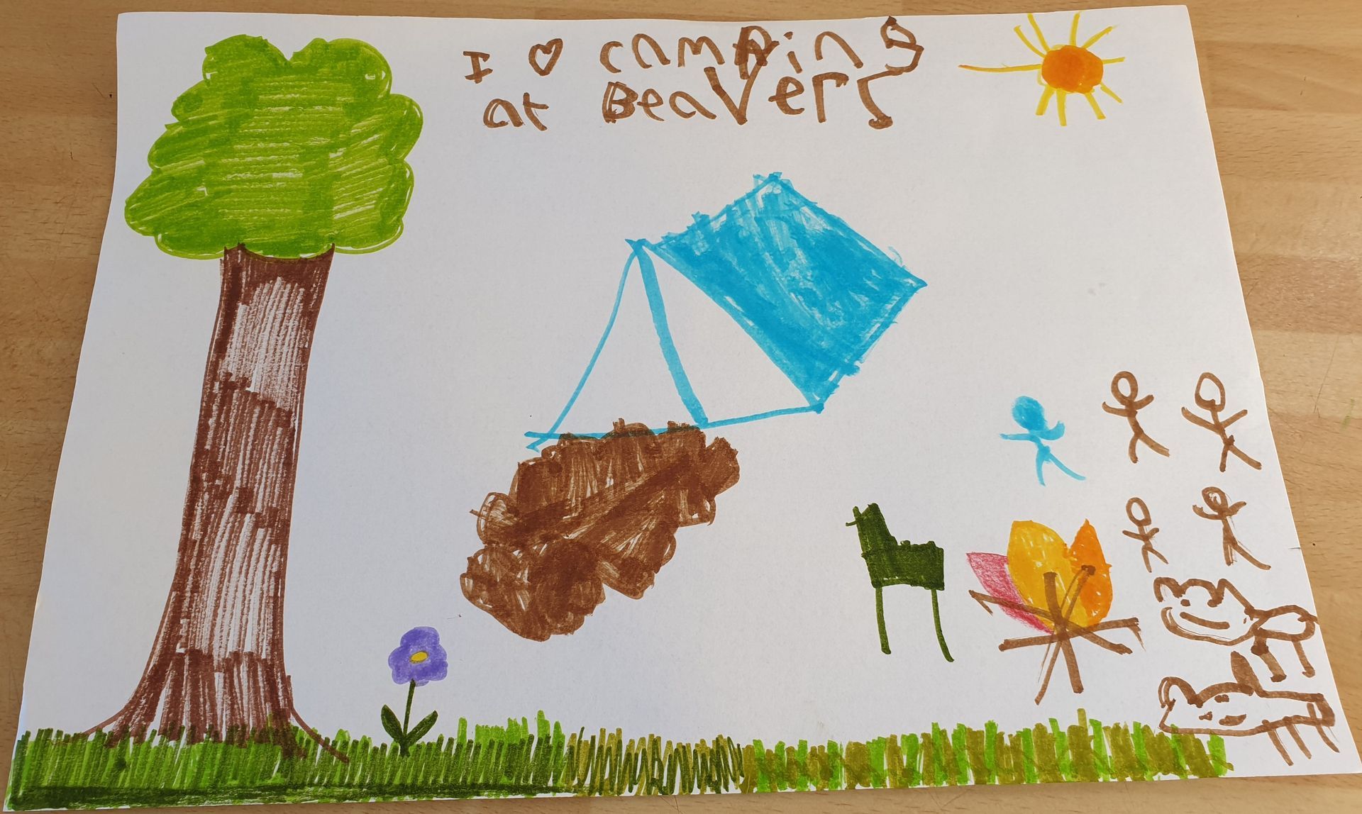 A child 's drawing of camping at beavers