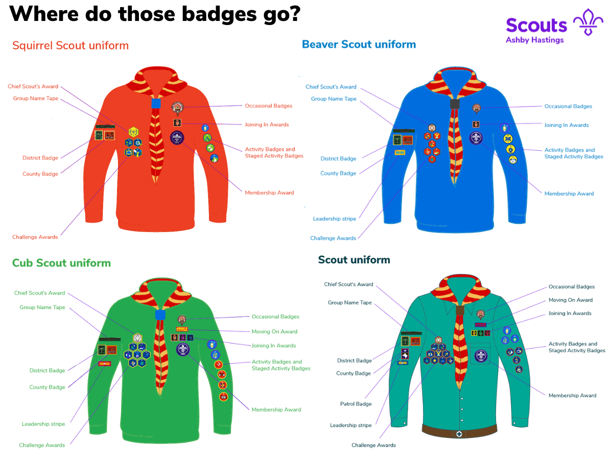 Four different types of Scout uniforms are shown on a white background.