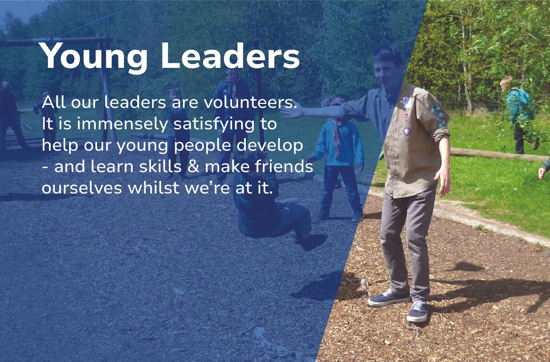 A boy is standing in a park with the words young leaders on the bottom
