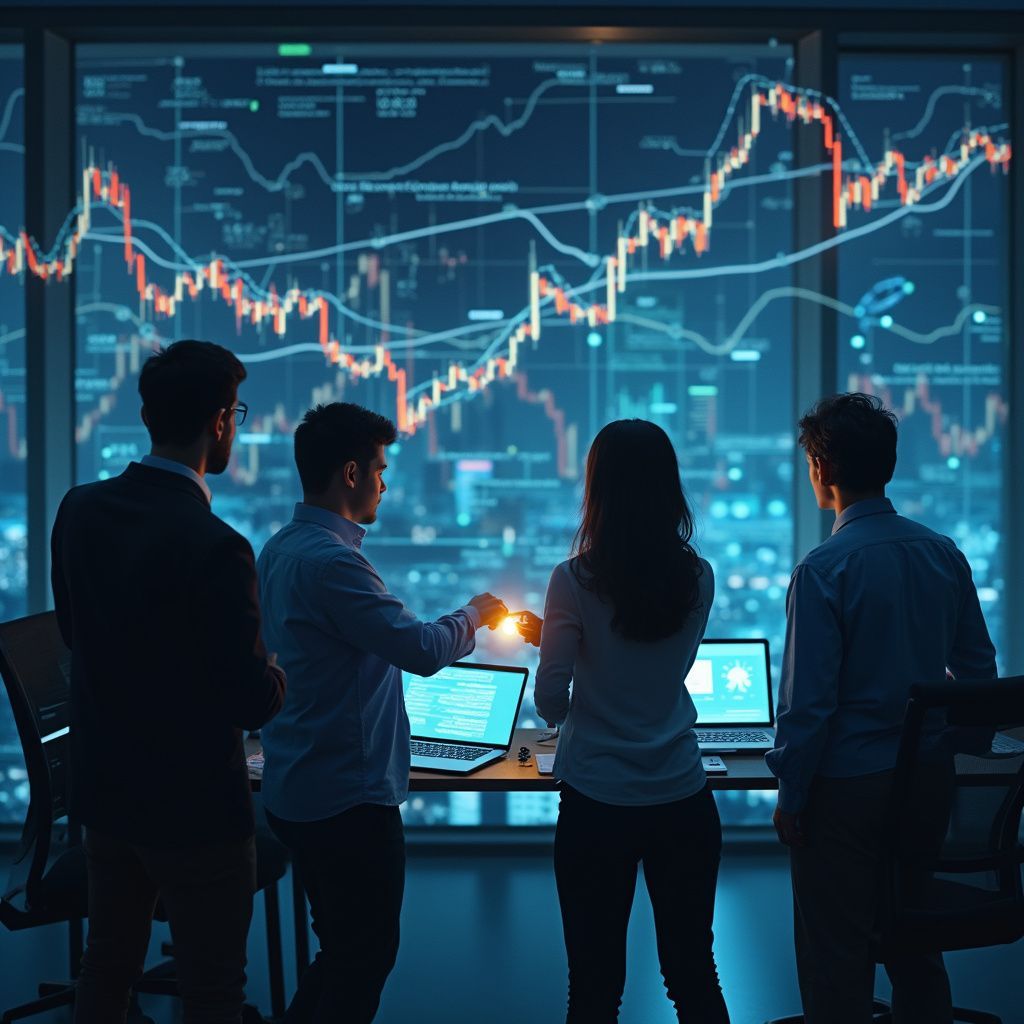 Une équipe commerciale analyse les graphiques boursiers sur des écrans dans un bureau moderne.