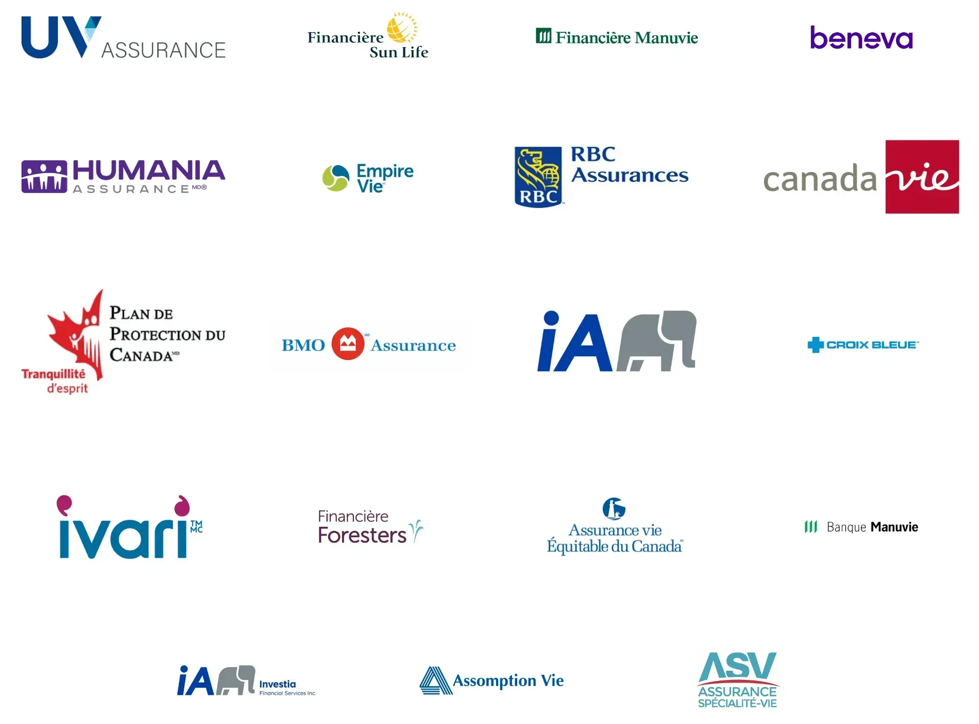 Logos de diverses compagnies d'assurance, dont UV Assurance, Beneva, Canada Vie.