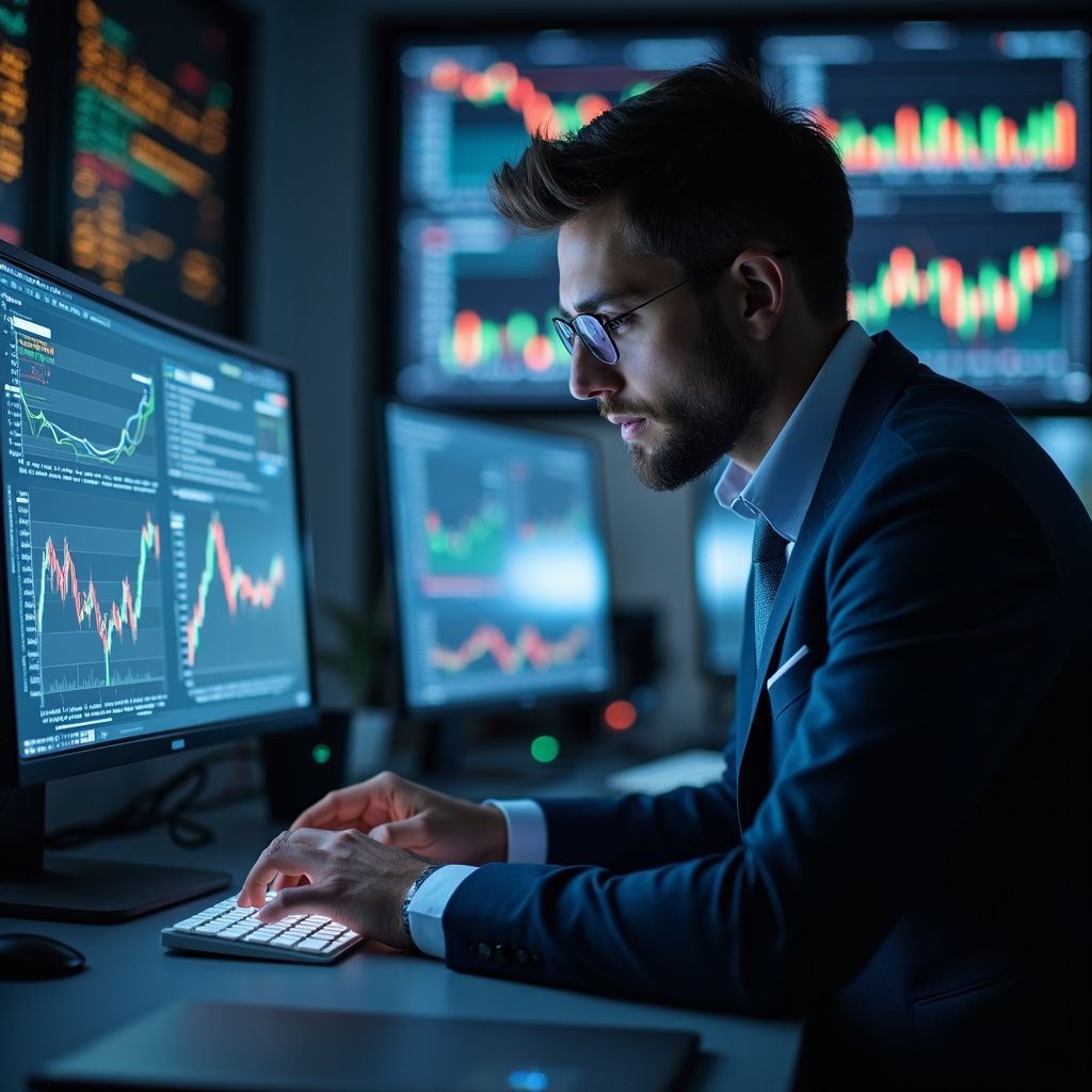 Un homme en costume analyse des graphiques boursiers sur plusieurs écrans d'ordinateur.