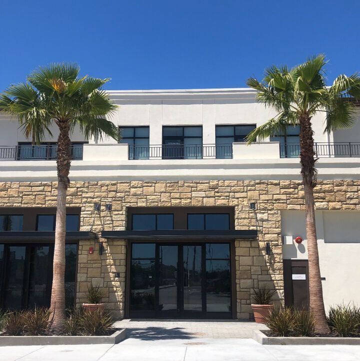 Modern stone-and-white building entrance framed by two palm trees under a clear blue sky