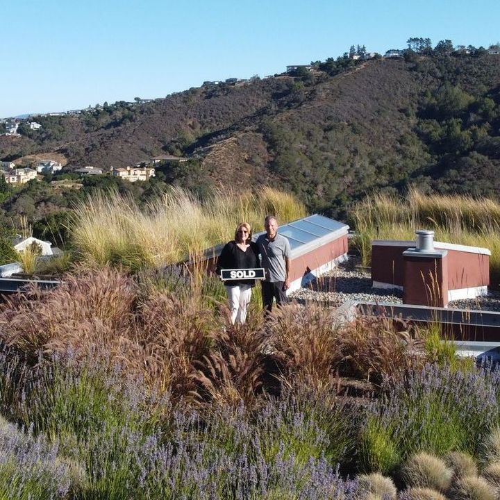 Two people holding a sign on a hillside overlook with shrubs and buildings under a clear sky