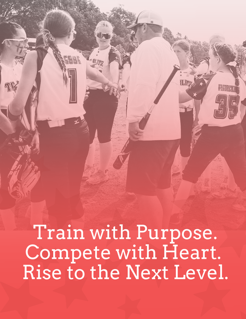 Athletes gathered outdoors under a red overlay with the text, “Train with Purpose. Compete with Heart. Rise to the Next Level.”