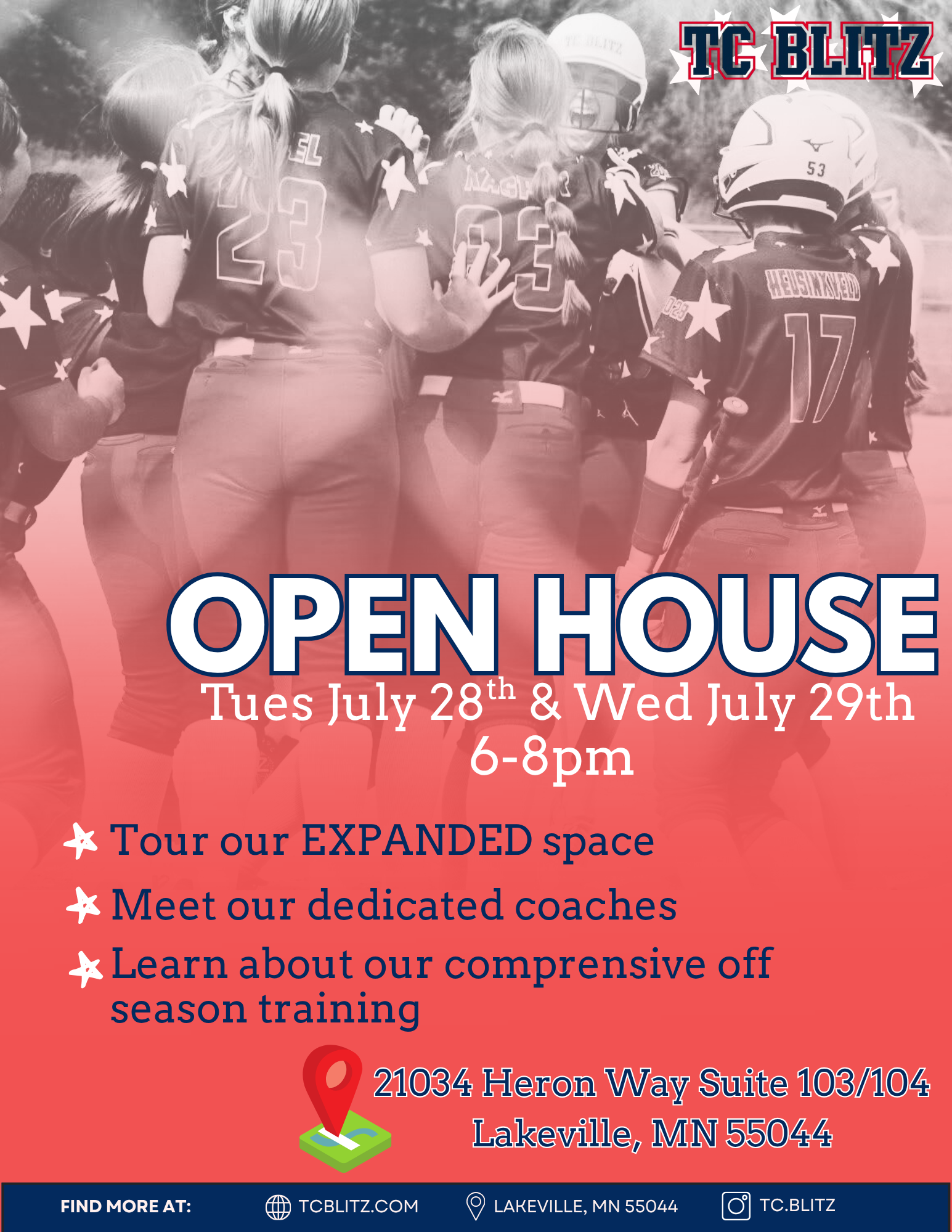 Open house flyer for a youth football team, with event dates, times, and tour/meet/learn bullet points.