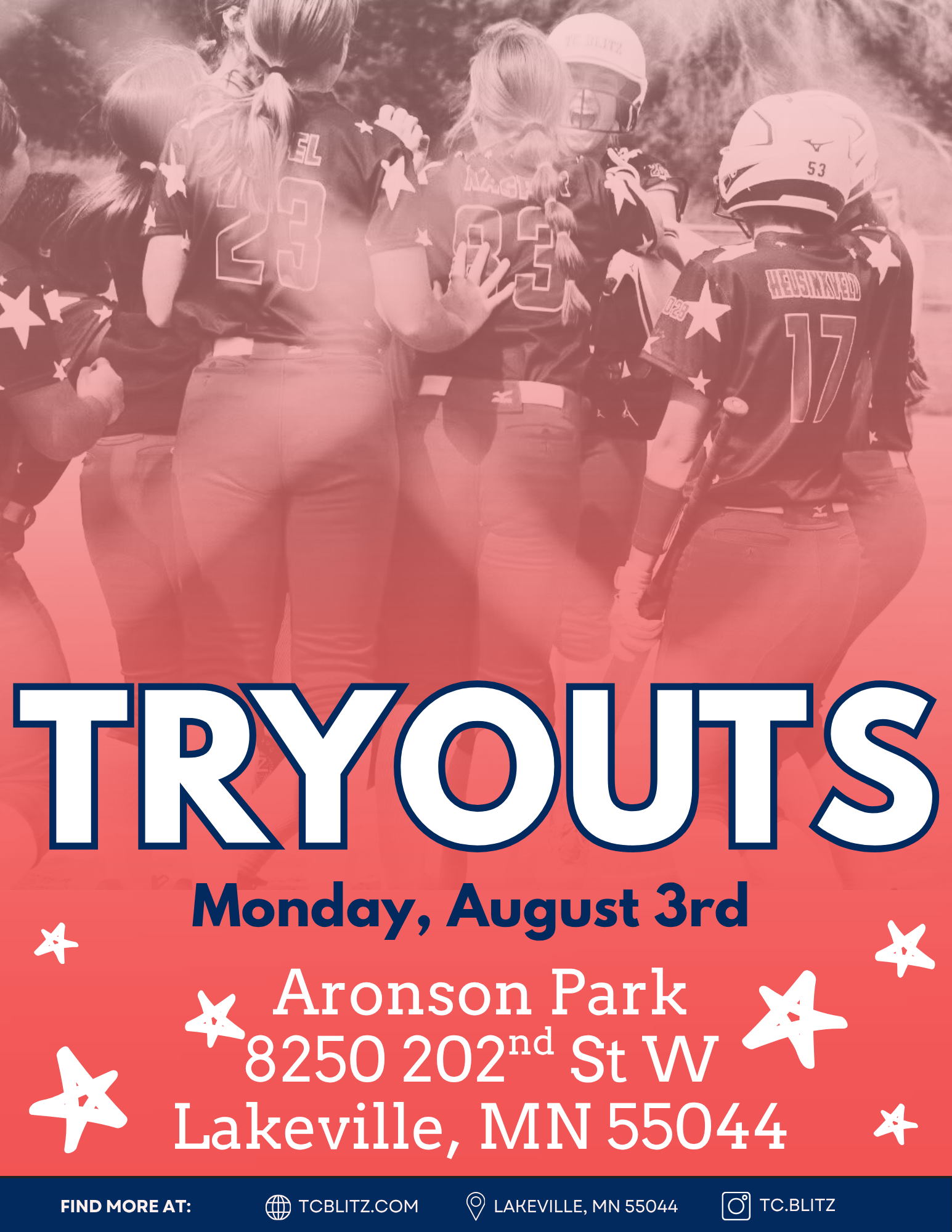 Youth football tryouts poster: Aug. 3rd at Aronson Park, 8250 202nd St W, Lakeville, MN 55044.