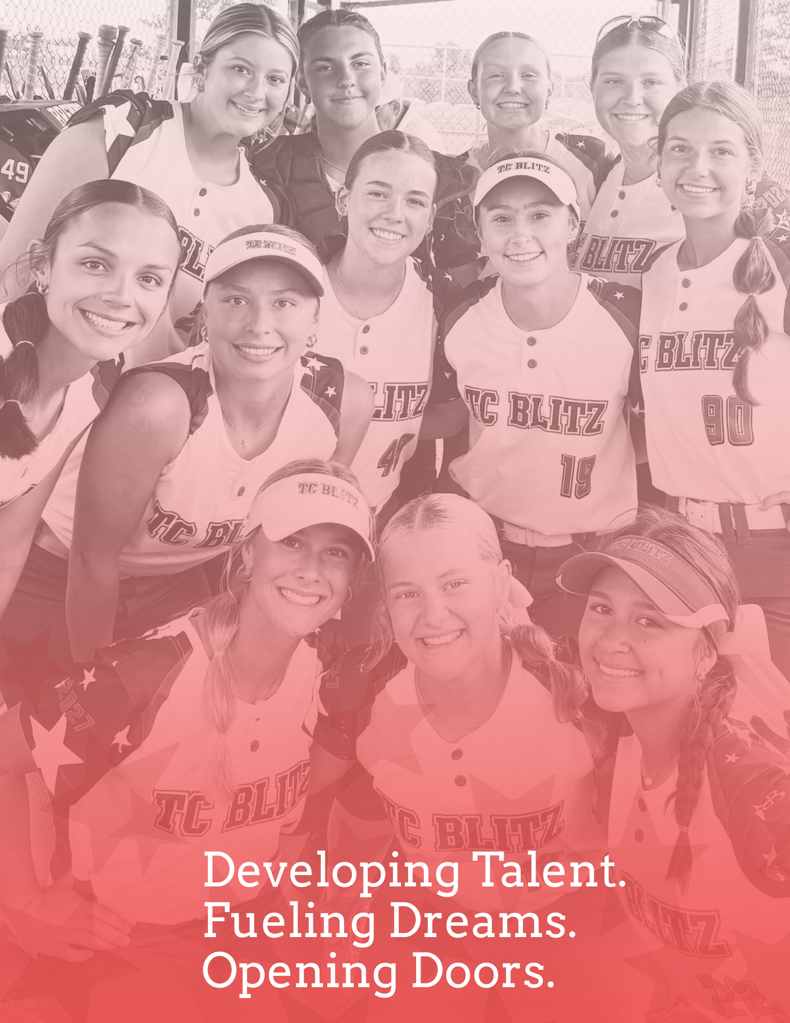 Youth sports team smiling in white jerseys with a pink overlay and the text, “Developing Talent. Fueling Dreams.”