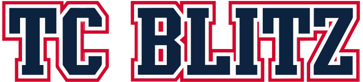 TC BLITZ logo in navy blue with red outline and white background