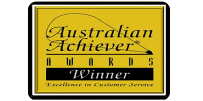 Australian Achiever Awards Winner logo. Gold square with black text and border; "Excellence in Customer Service" below.