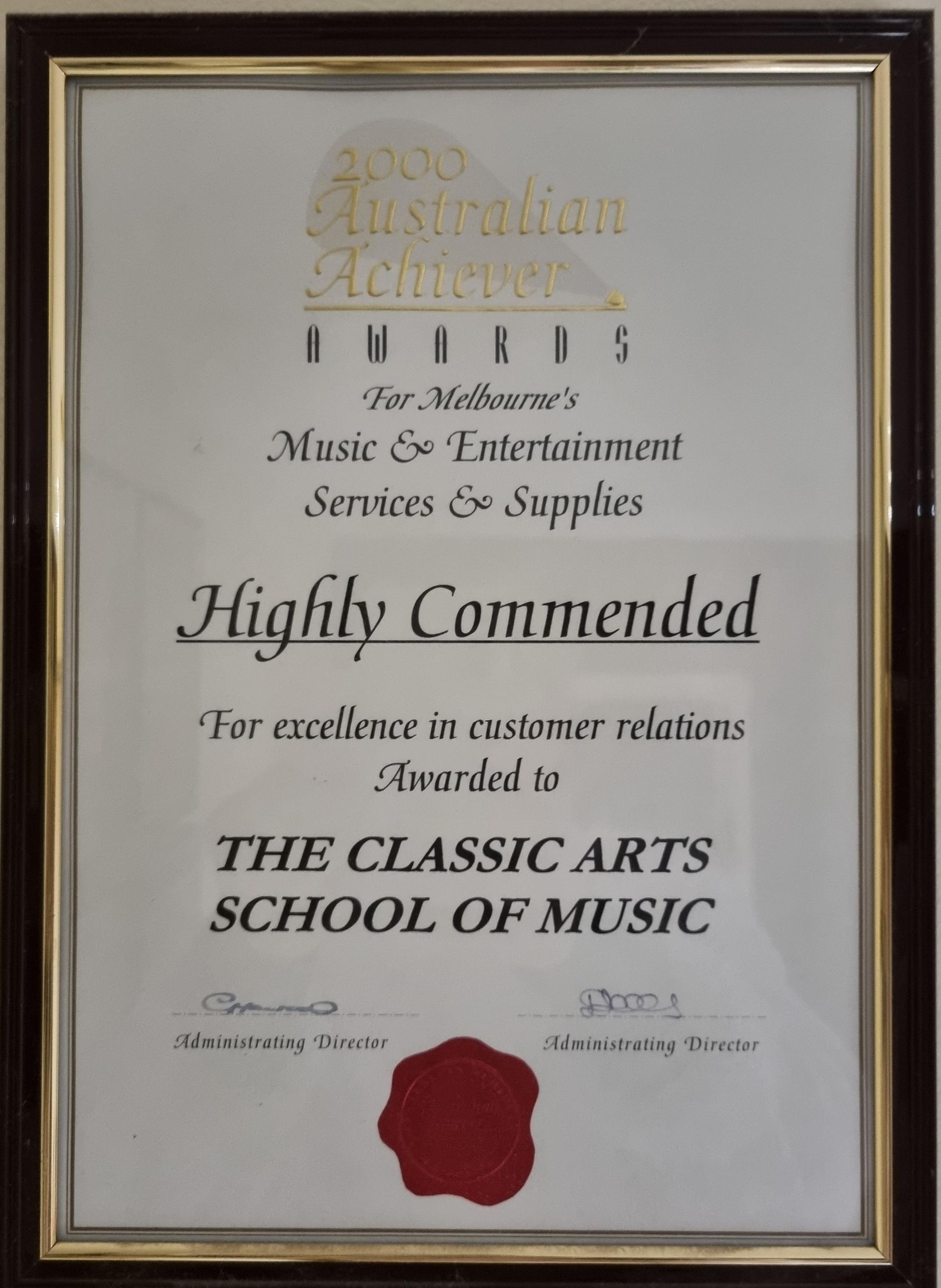 Certificate of achievement for The Classic Arts School of Music, 