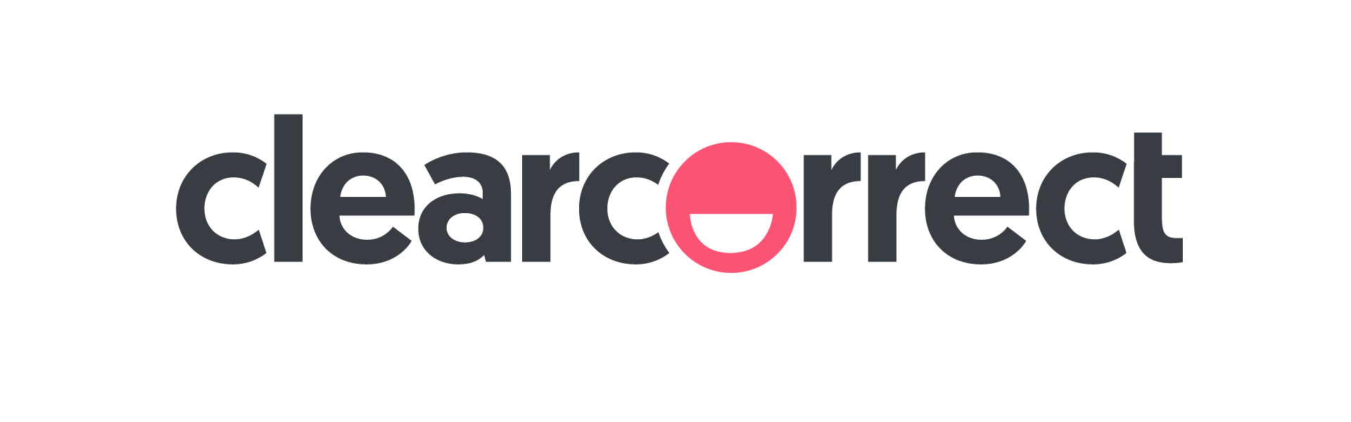 ClearCorrect logo: dark gray text with a pink circle symbol.