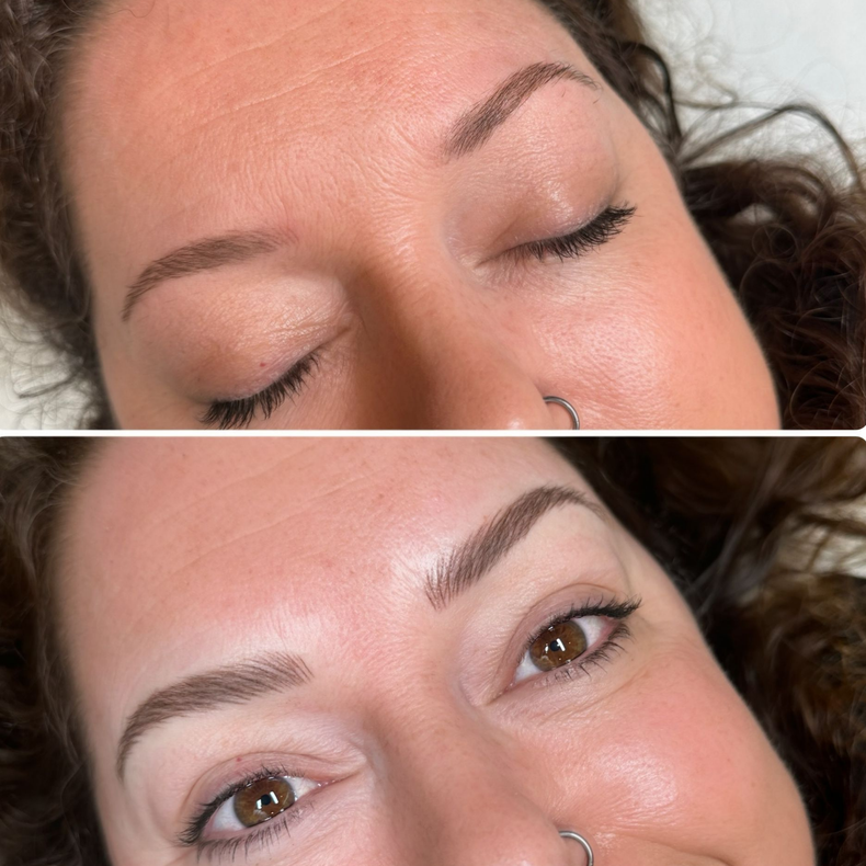 Woman before and after cosmetic enhancements: eyebrows, lip colour.