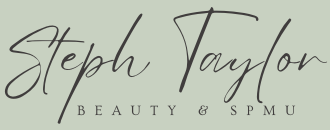 Steph Taylor logo: Black script on a sage green background. Reads 