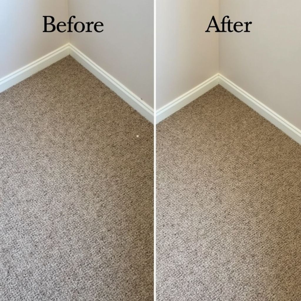 Comparison of carpeted corner before and after cleaning; tan carpet, white trim.