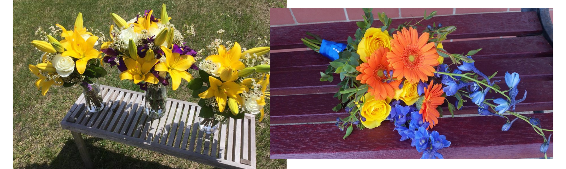 Two floral arrangements with yellow, orange, and blue flowers on a dark surface