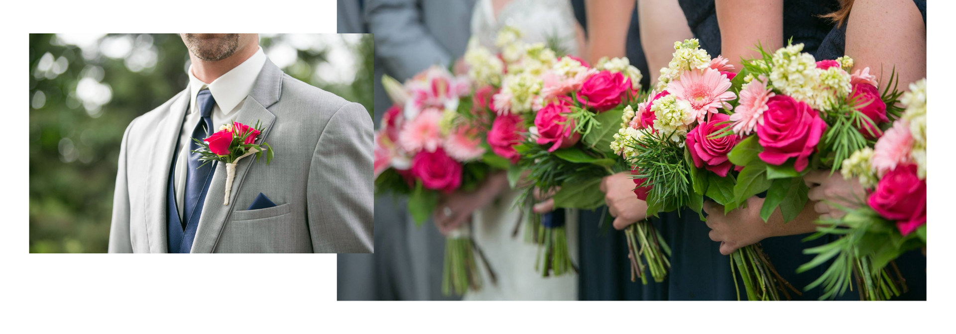 Wedding bouquet of pink and red roses with a groom’s gray suit and boutonniere on the left