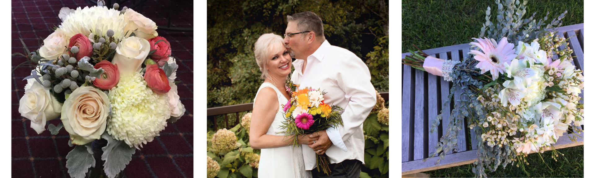 Wedding bouquet and bride and groom kissing beside a floral arrangement on a fence